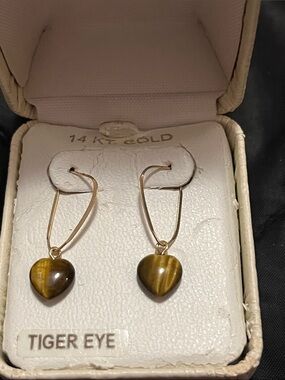 Tiger Eye Heart Drop Earrings 14K yellow gold New